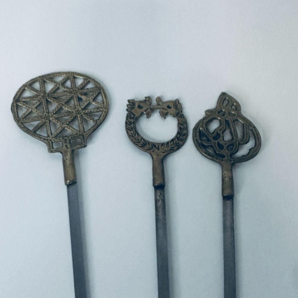 Vintage Turkish Stainless Steel Brass Shish Kabob Skewers‎ Set/3 BBQ Grill Party